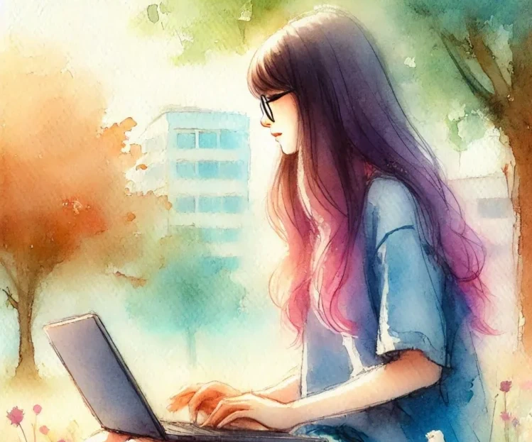 Watercolor painting of a female developer working on her laptop outdoors, with soft brushstrokes and pastel colors blending into nature.2
